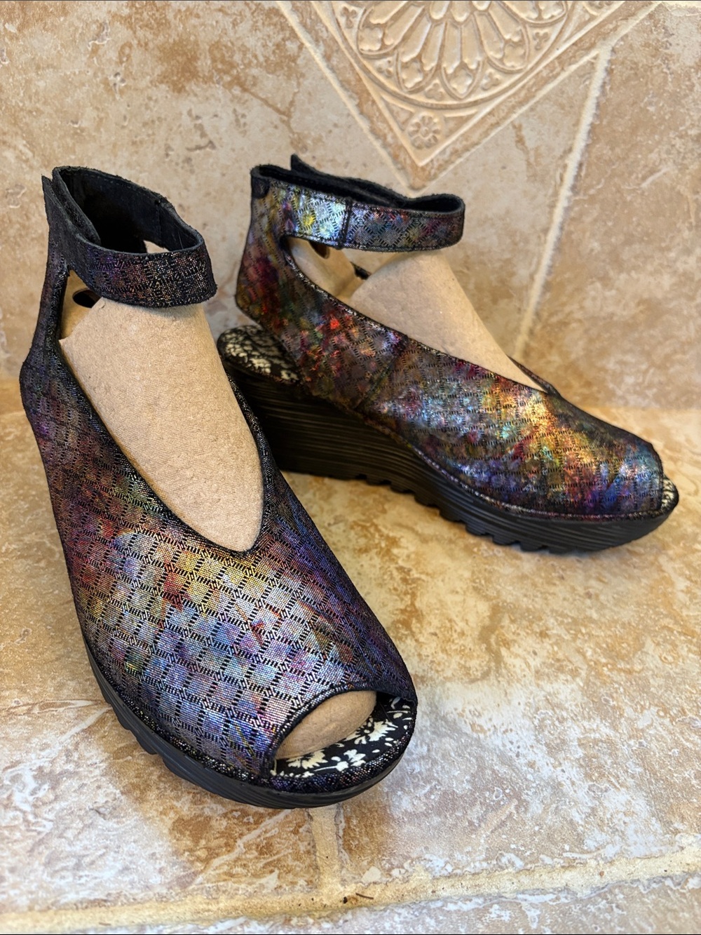 Size 39/8.5 Bernie Mev… Multicolored Metallic Wedge Sandals with Ankle Strap